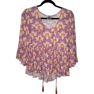 Ivy Jane Women's XS Rooster Print Peplum Floral Boho‎ 3/4 Length Tassels